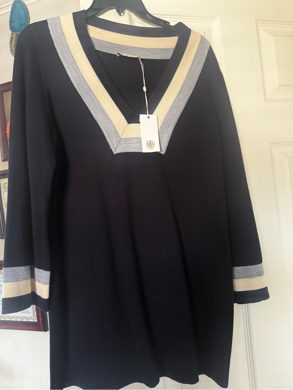 Tory Burch Navy V-Neck Tunic with Cream and Light Gray Trim